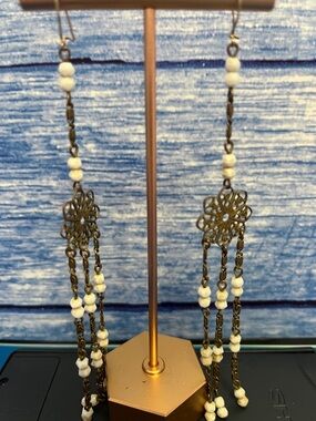 Vintage 60’s Boho White Beaded Filigree  Earrings - Brand